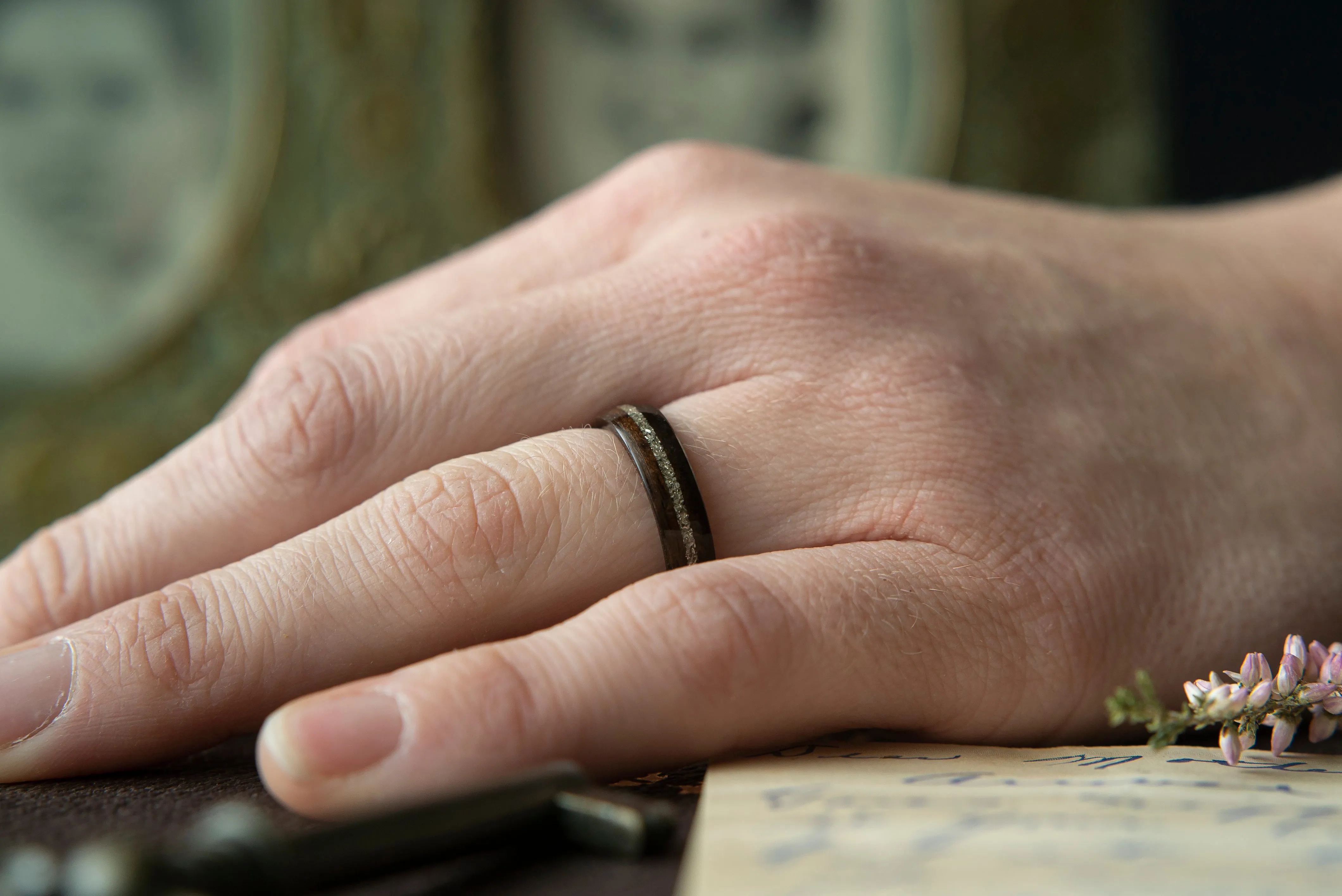 Womens Wedding band in Ebony with Centered German Glass