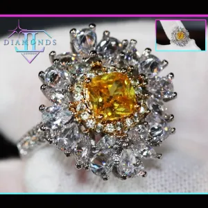 Yellow Diamond Ring | Flower Diamond Ring | Yellow Diamond Ring | Baguette Ring | Womens Statement Ring | Big Yellow Diamond Ring