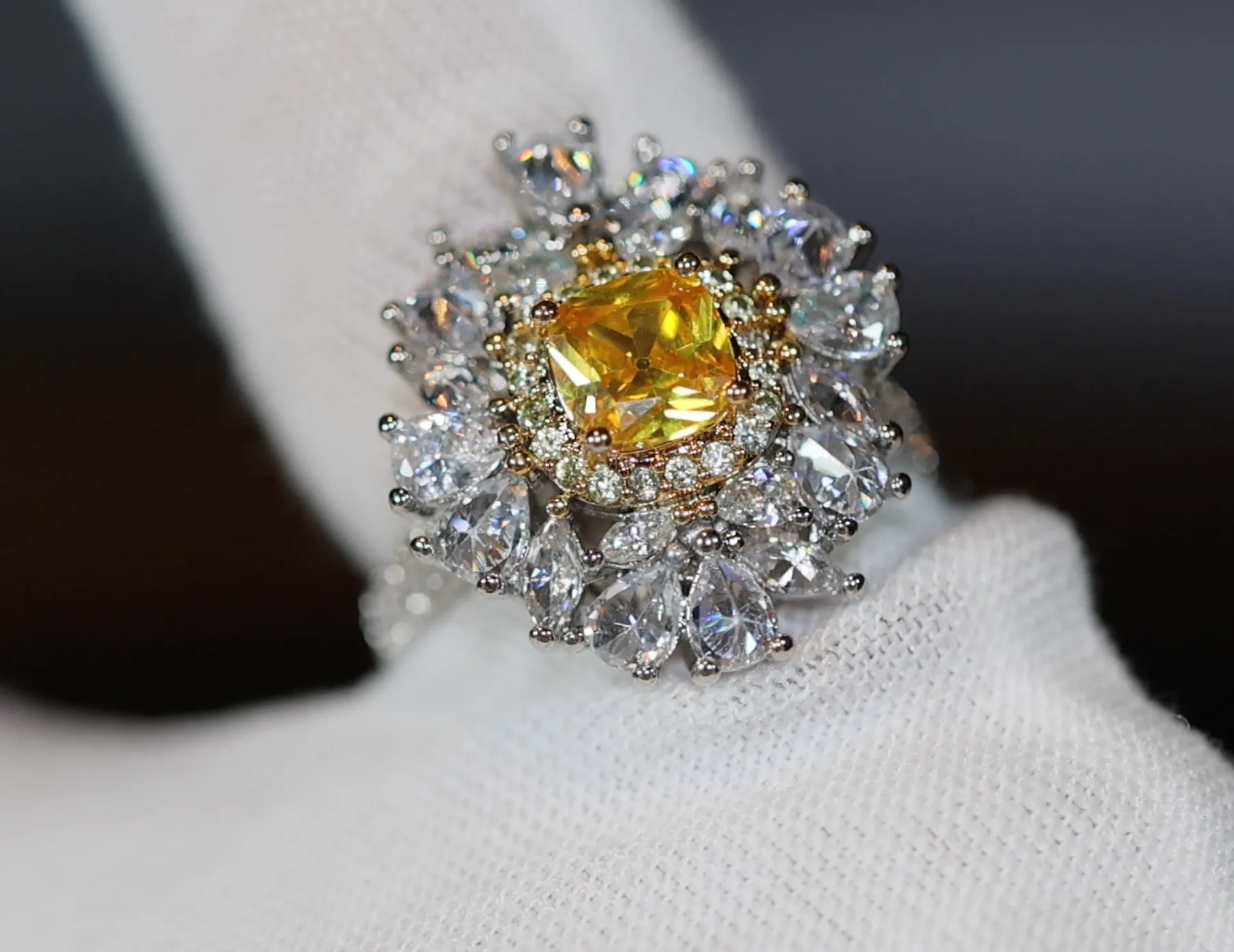 Yellow Diamond Ring | Flower Diamond Ring | Yellow Diamond Ring | Baguette Ring | Womens Statement Ring | Big Yellow Diamond Ring