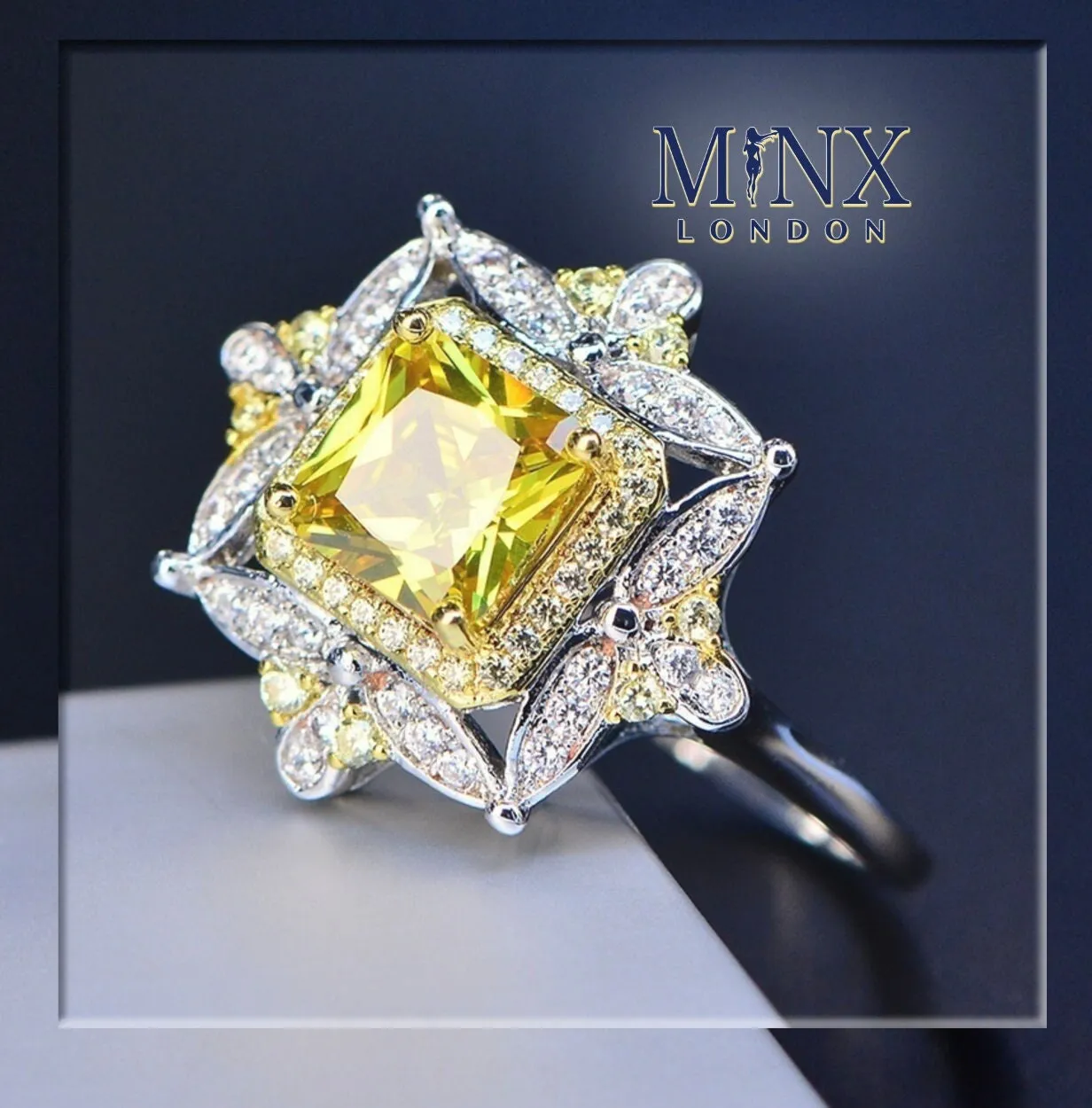 Yellow Diamond Ring | Yellow Diamond Engagement Rings | Princess Cut Diamond Ring | Baguette Ring | Womens Engagement Ring | Yellow Ring