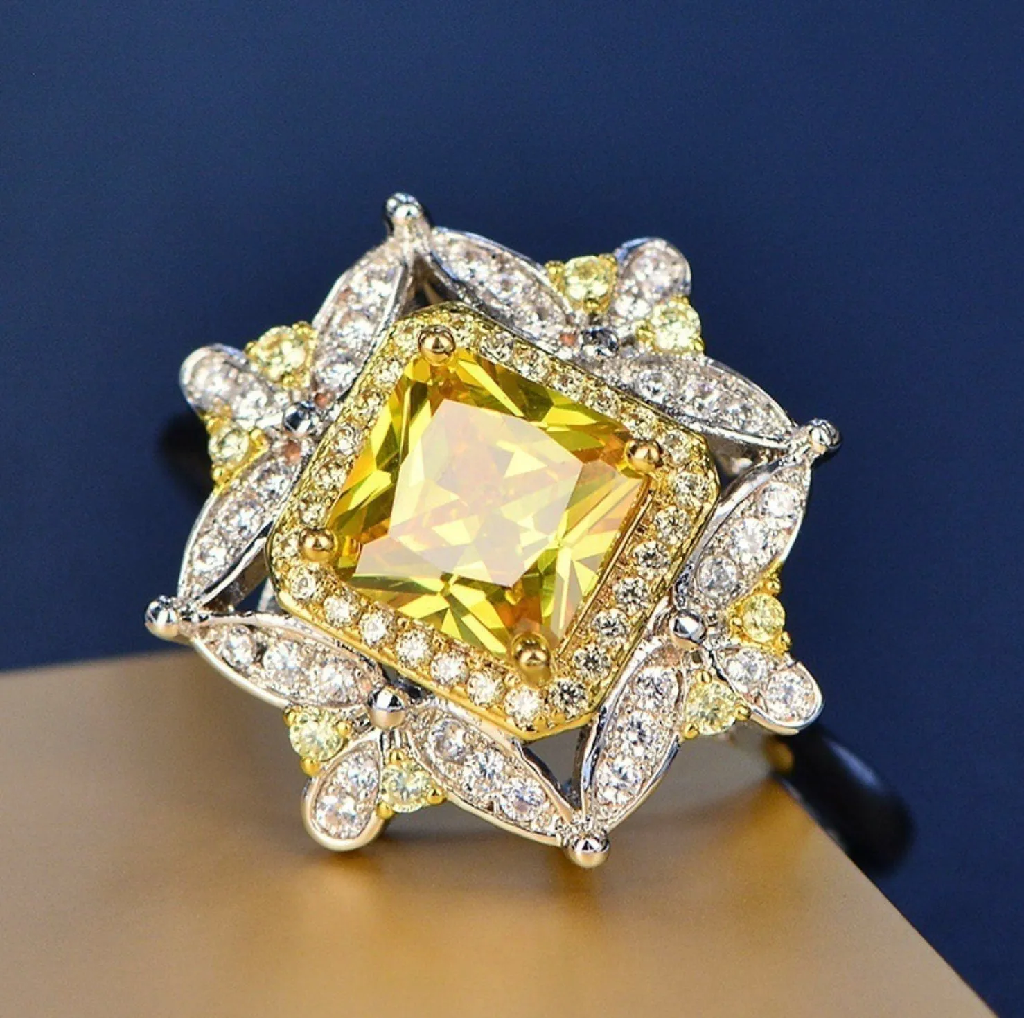 Yellow Diamond Ring | Yellow Diamond Engagement Rings | Princess Cut Diamond Ring | Baguette Ring | Womens Engagement Ring | Yellow Ring