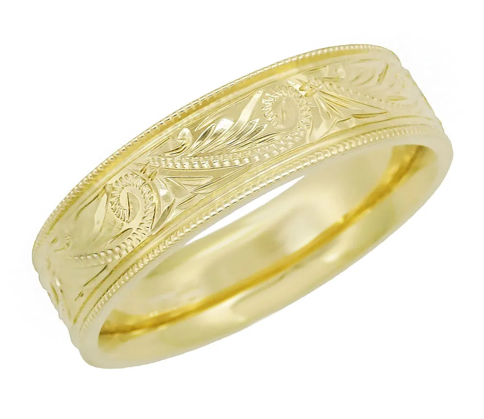 Yellow Gold Men's Hand Engraved Art Deco Scrolls 6mm Vintage Style Western Wedding Band