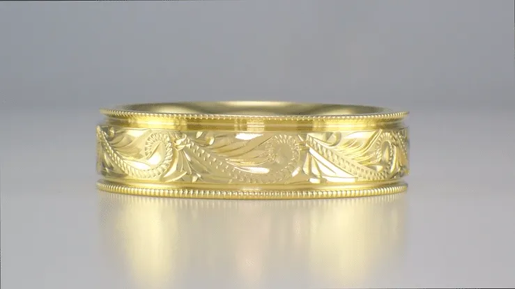 Yellow Gold Men's Hand Engraved Art Deco Scrolls 6mm Vintage Style Western Wedding Band