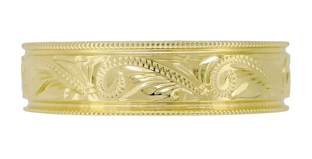 Yellow Gold Men's Hand Engraved Art Deco Scrolls 6mm Vintage Style Western Wedding Band