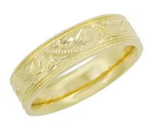 Yellow Gold Men's Hand Engraved Art Deco Scrolls 6mm Vintage Style Western Wedding Band