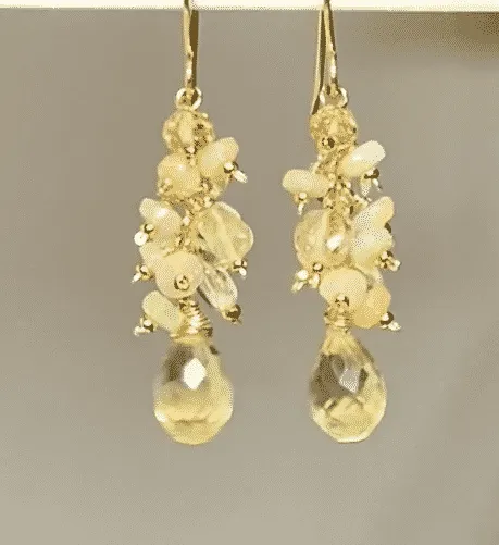 Yellow Lemon Quartz and Ethiopian Opal Dangle Earrings Gold