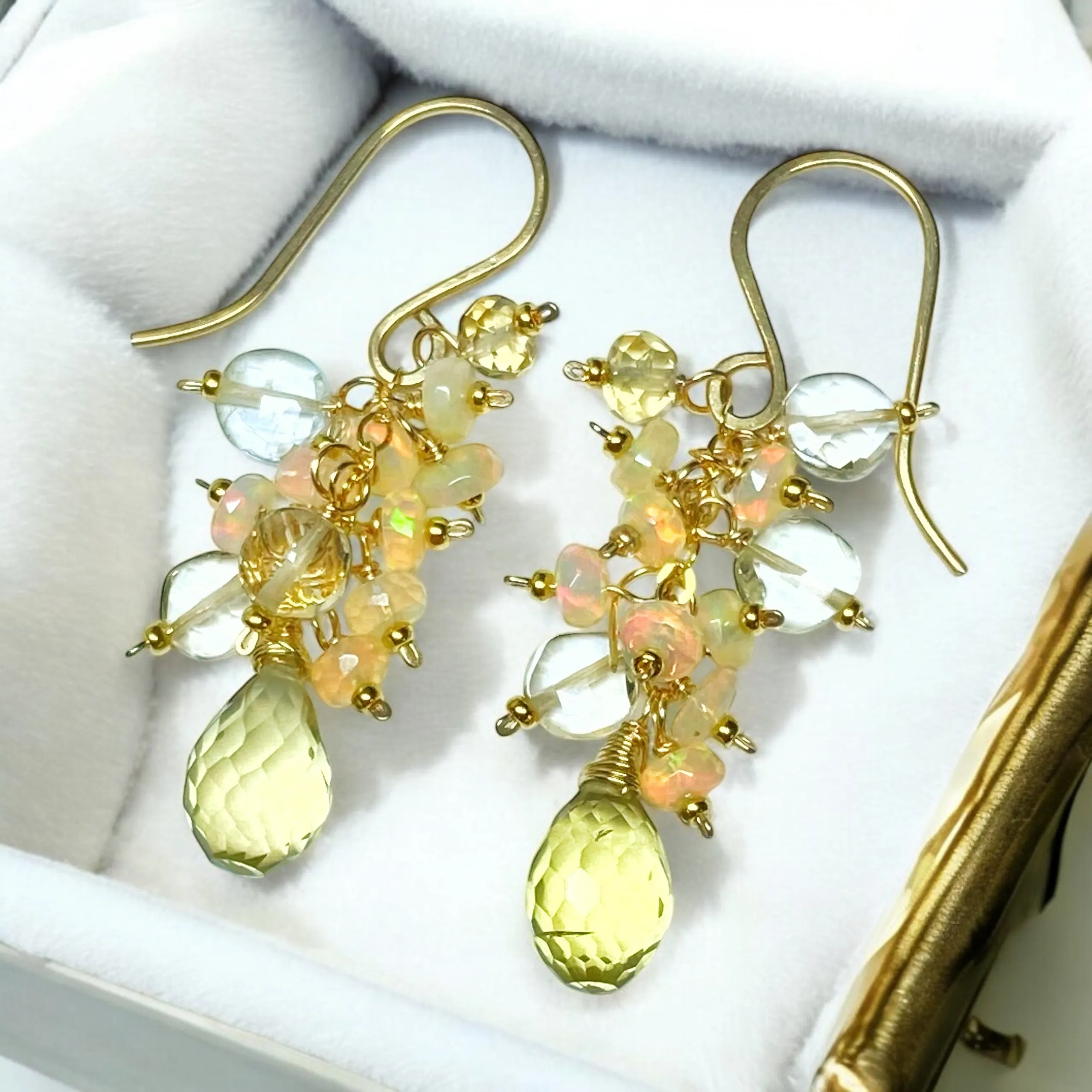 Yellow Lemon Quartz and Ethiopian Opal Dangle Earrings Gold
