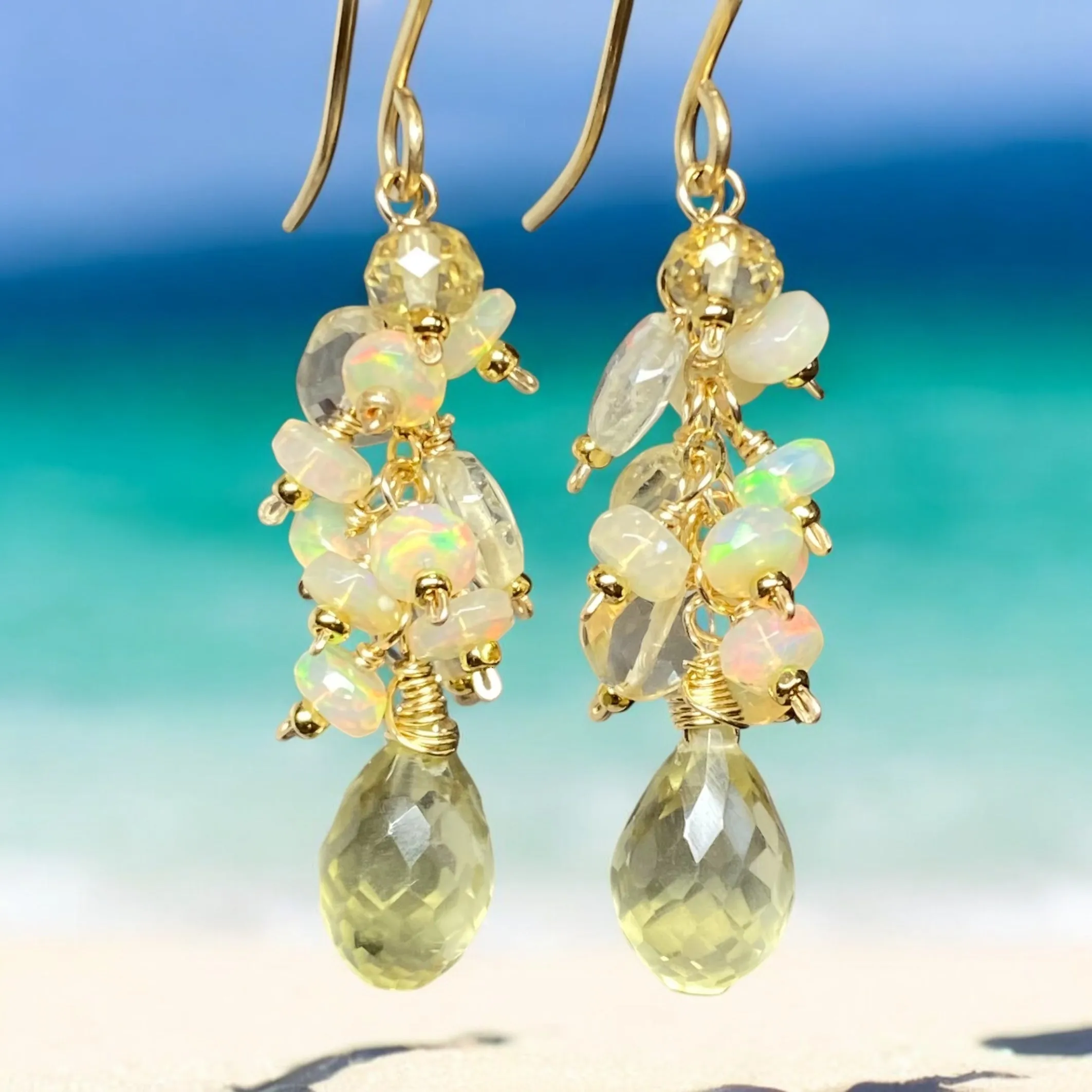 Yellow Lemon Quartz and Ethiopian Opal Dangle Earrings Gold