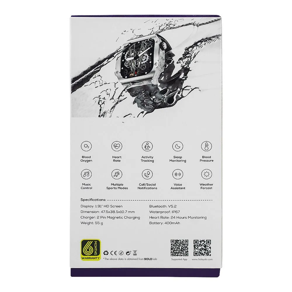 Yolo 1.91" HD Screen Yiller Designer Smart Watch, Water Proof, 2 Pin Magnetic Charging, 400mAh Battery, Black